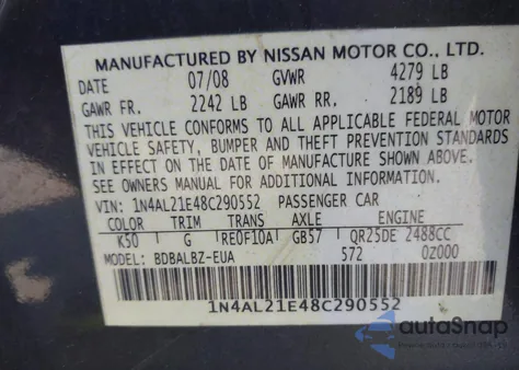 2008 Nissan Altima 2.5 S from USA, damaged, VIN 1N4AL21E48C290552